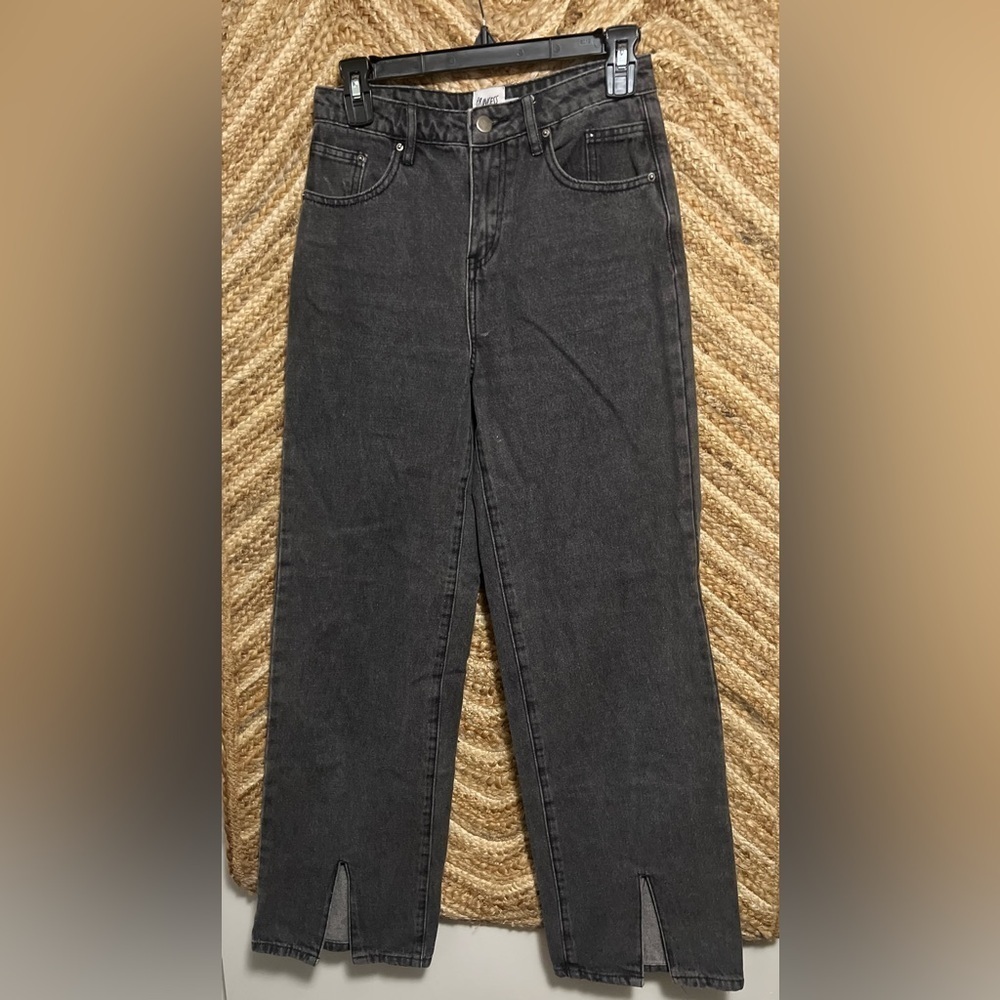 Princess Polly Women's Black Wide Leg Denim Jeans,Slit Cuffs,Size US 4